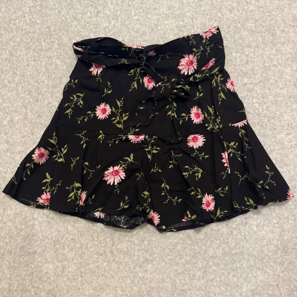 SO Floral Mini Skirt Black Pink Ruffle Hem Tie Waist XS
